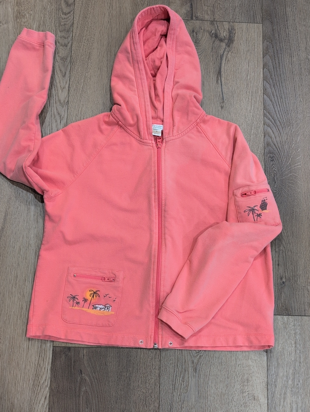 Christopher & Banks Coral Pink Vintage Zip Hoodie with Palm Pocket Art